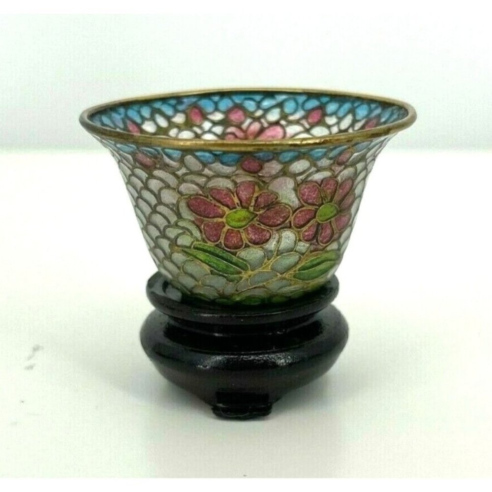 Plique a Jour Cloisonne Bowl on Wood Stand Miniature 2" x 1" Floral